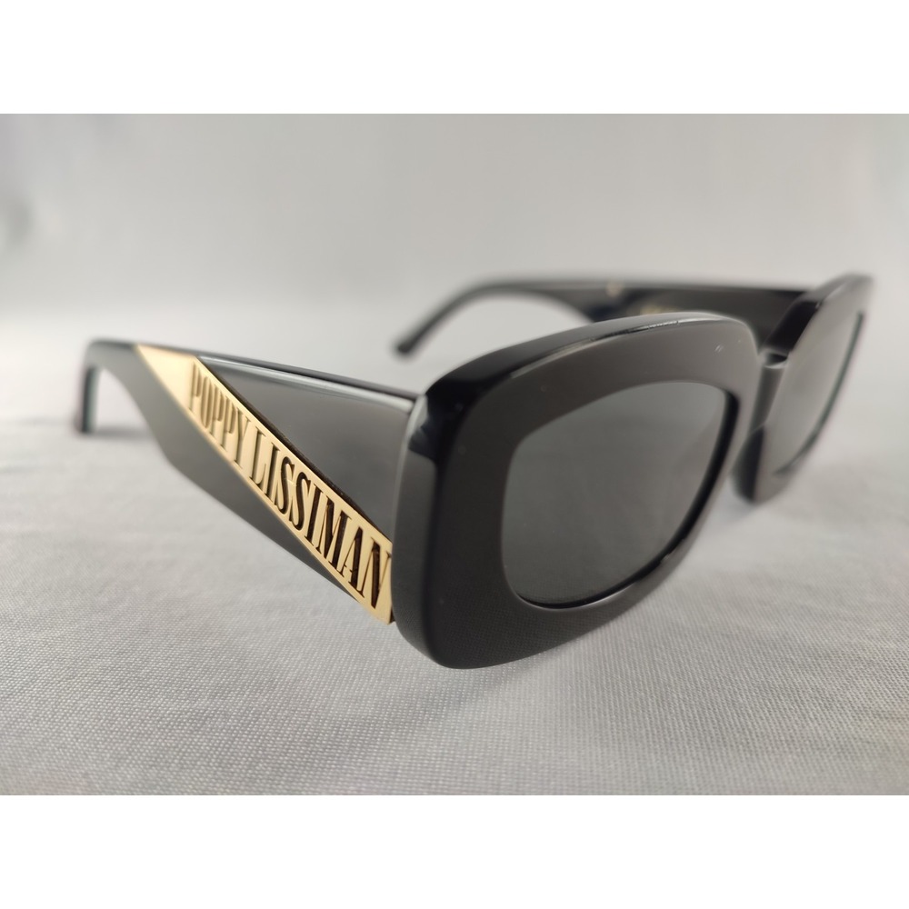 Poppy Lissiman Stevie Black Acetate Rectangle Sunglasses Gold‎ Logo 50-23-145
